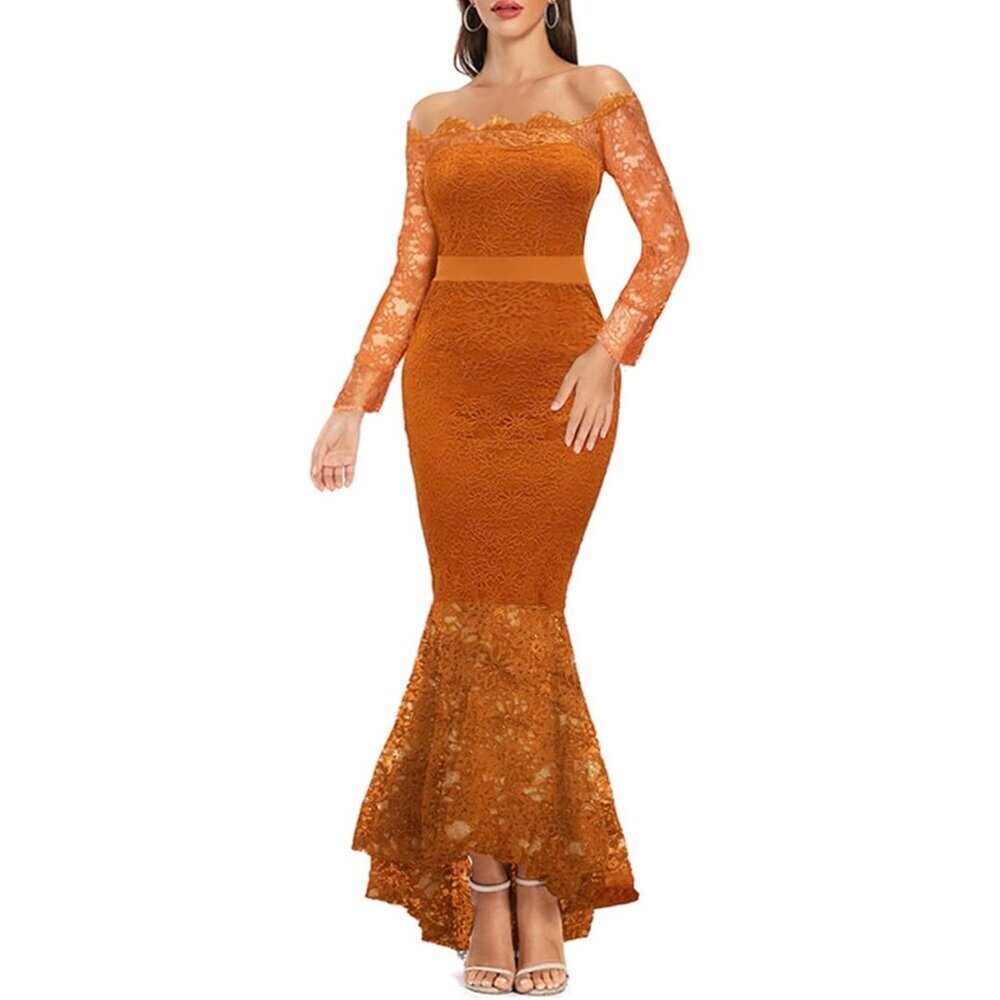 Women's Z-orange Floral Lace Long Sleeve Off Shoulder Wedding Mermaid Dress